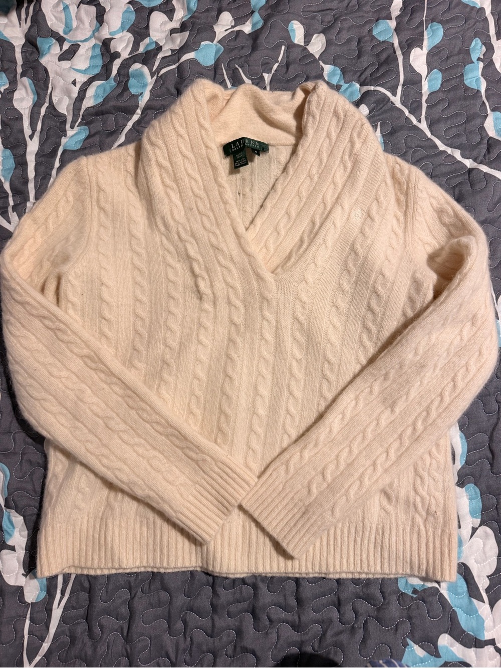 Ralph Lauren Cream Cable-Knit Shawl Collar Sweater